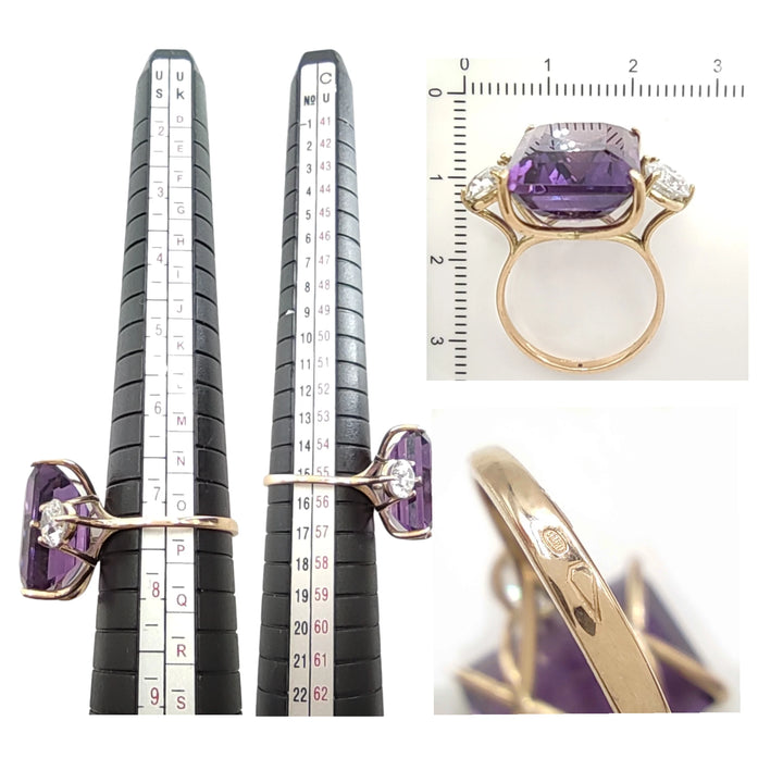 14k Gold Women’s Cocktail Ring, Three-Stone Amethyst -Diamonds