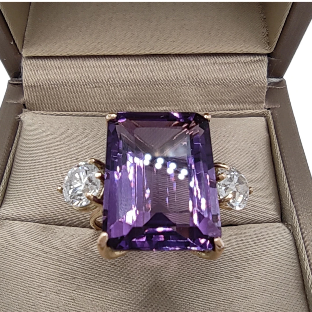 14k Gold Women’s Cocktail Ring, Three-Stone Amethyst -Diamonds