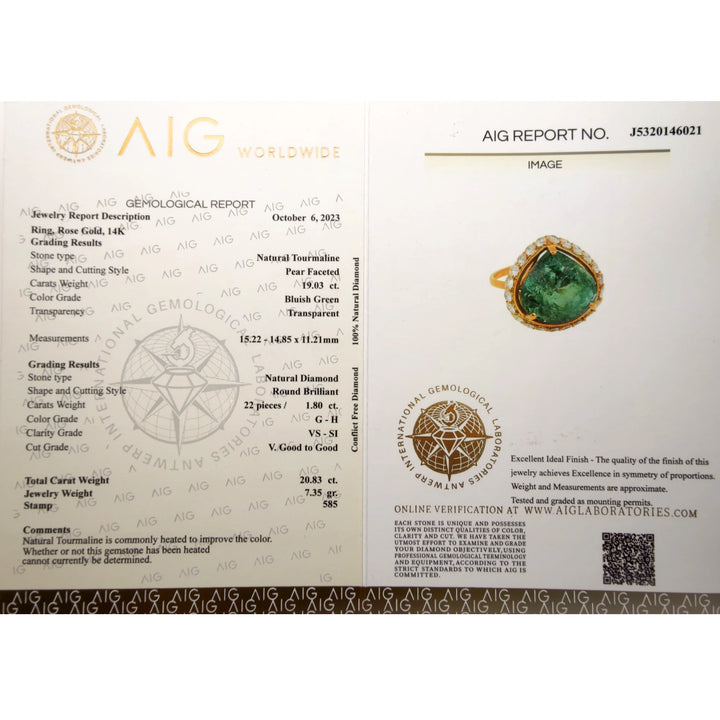 Tourmaline Diamond 14K Gold Ring - AIG Certified Handmade