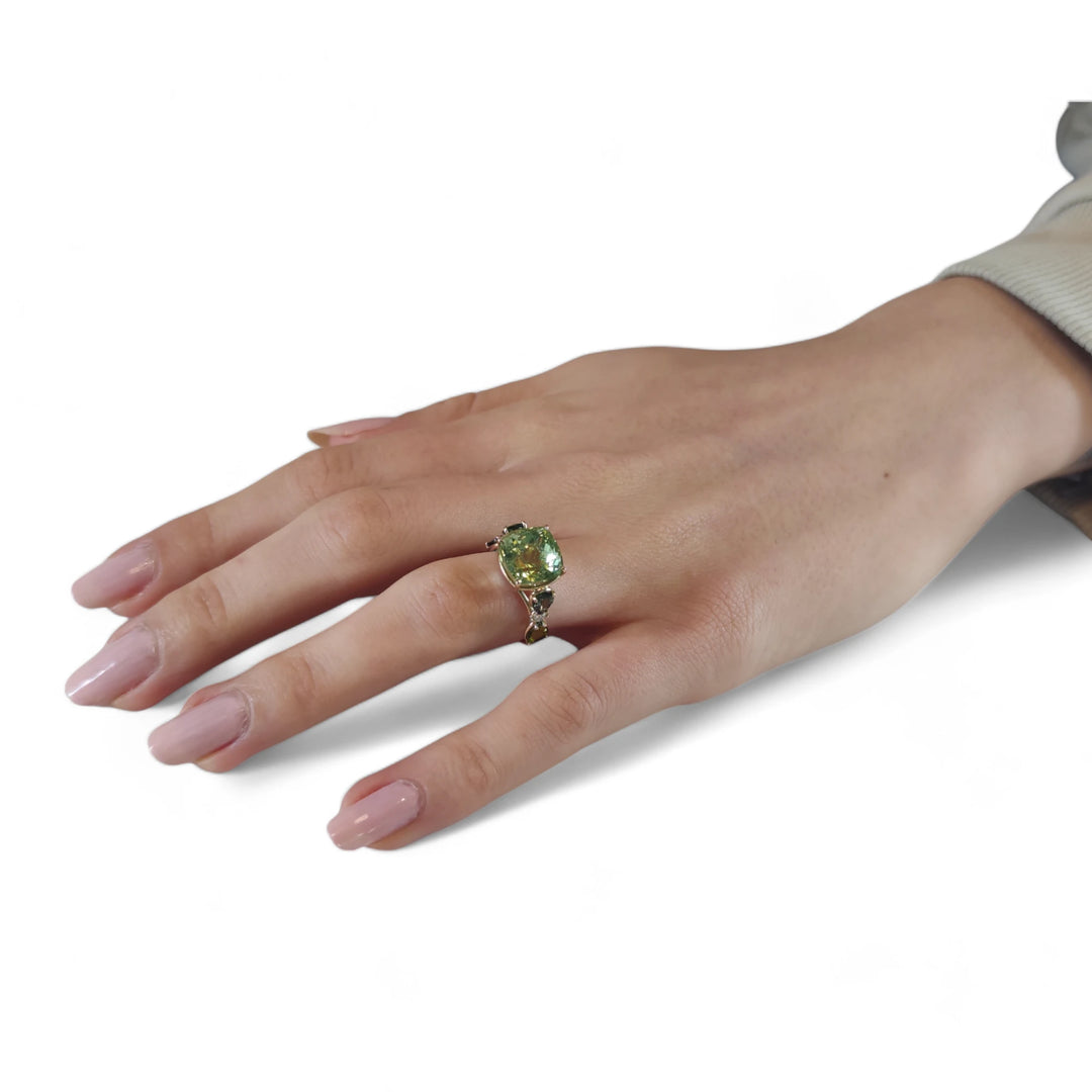 Handcrafted Green Tourmaline Diamond Ring in 14K Gold