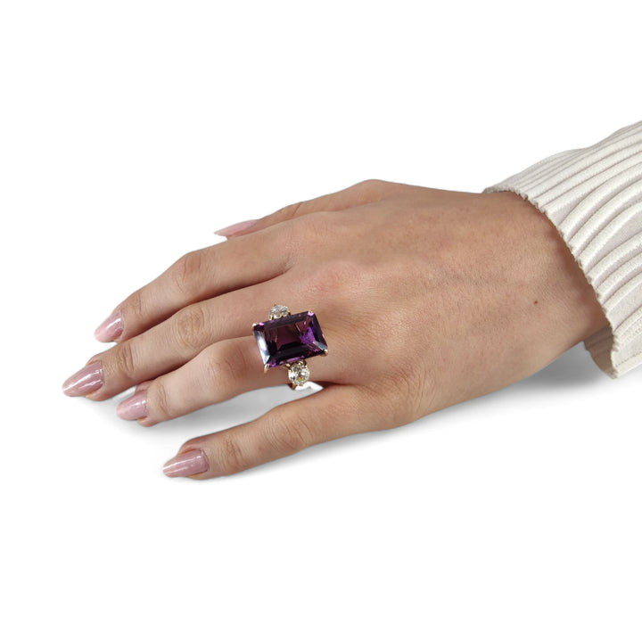 14k Gold Women’s Cocktail Ring, Three-Stone Amethyst -Diamonds