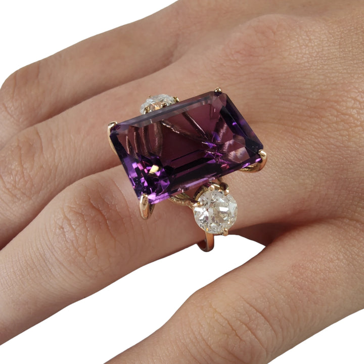 14k Gold Women’s Cocktail Ring, Three-Stone Amethyst -Diamonds