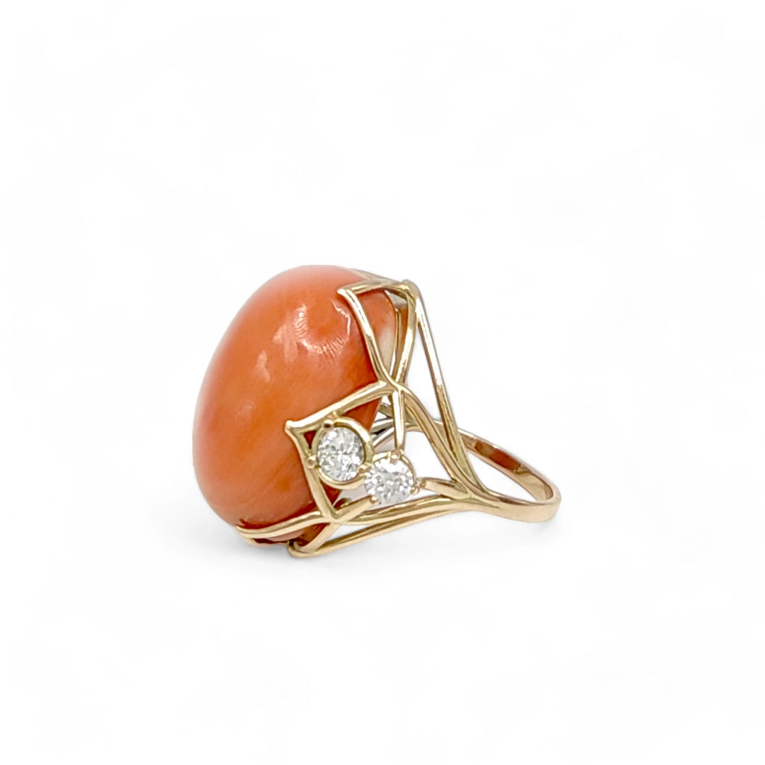 left side ring, coral stone, gold jewelry, cocktail ring, artisan ring