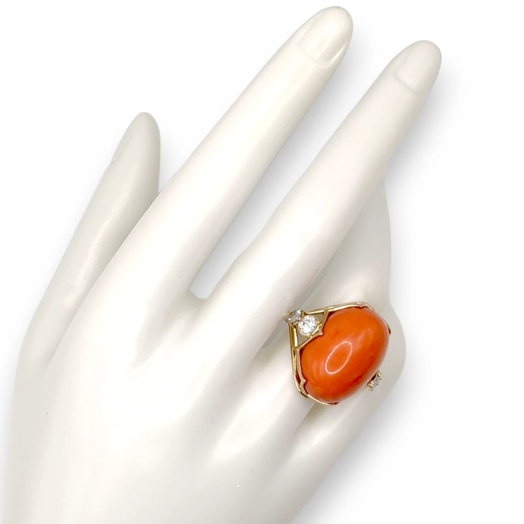 orange coral ring, 14k yellow gold ring, mannequin hand, cocktail ring