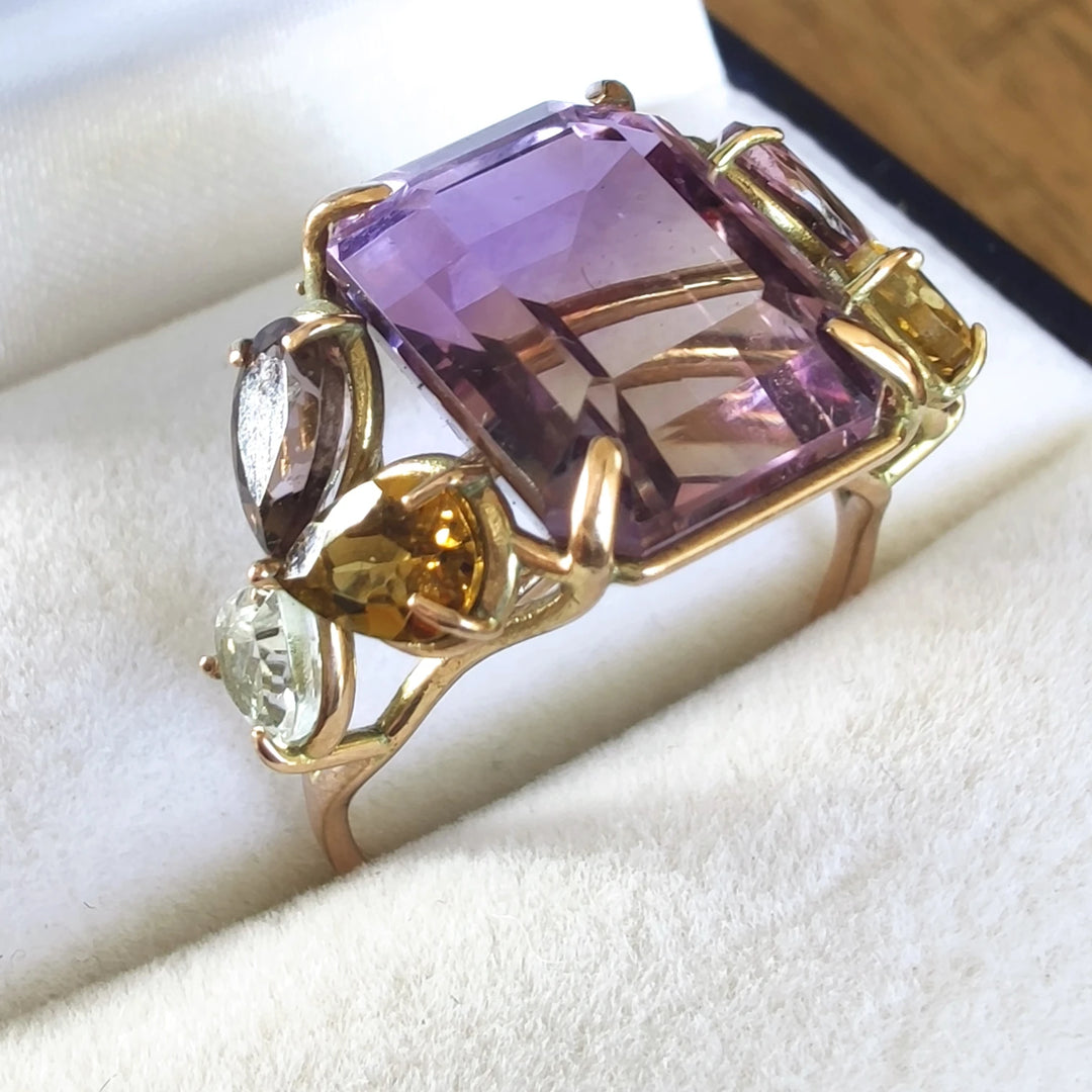 Ametrine & Tourmaline 14K Ring - Unique Handmade Sculpture