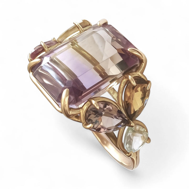 Ametrine & Tourmaline 14K Ring - Unique Handmade Sculpture