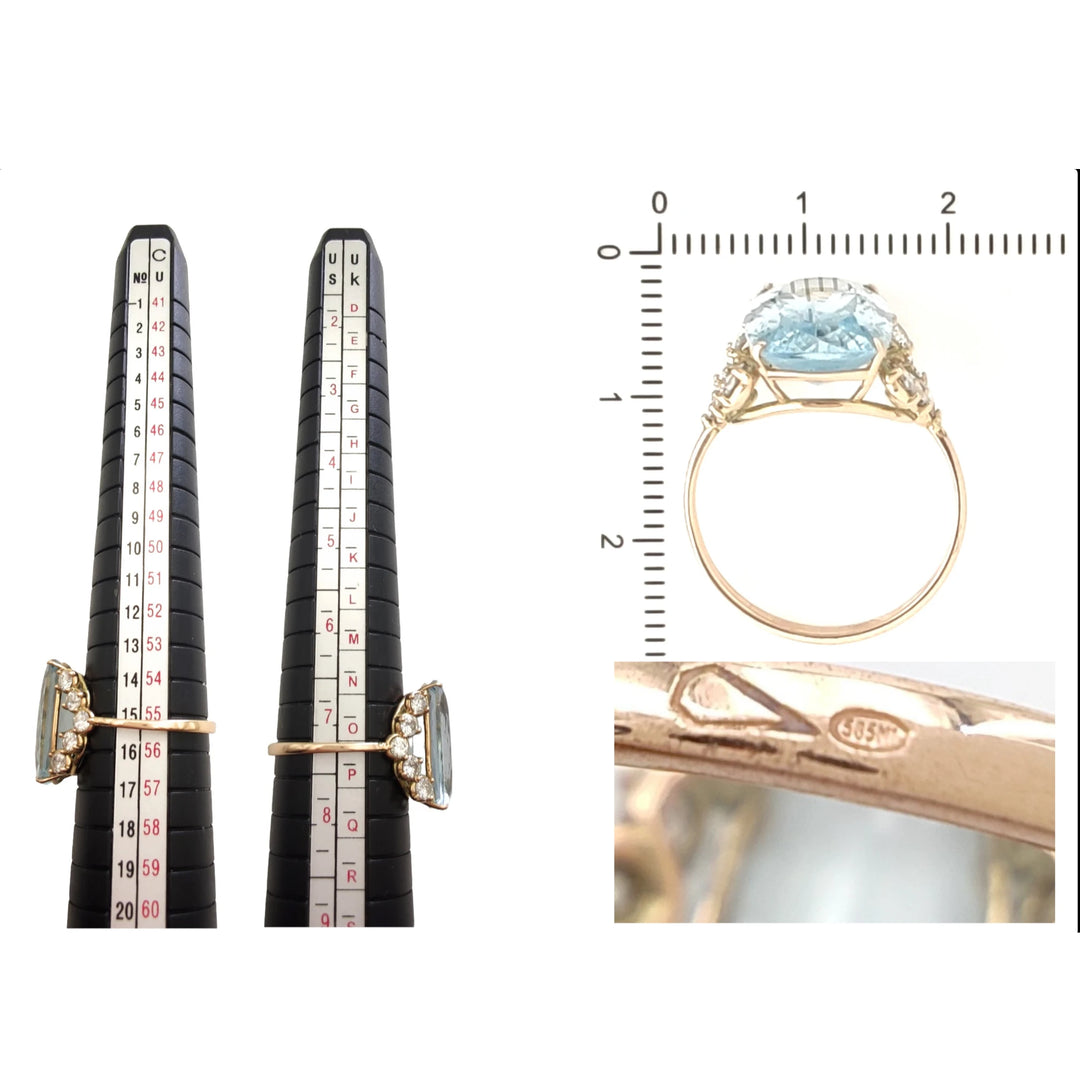 Measurement scale and size chart for a handcrafted 14K yellow gold engagement ring with a cushion aquamarine and diamond accents