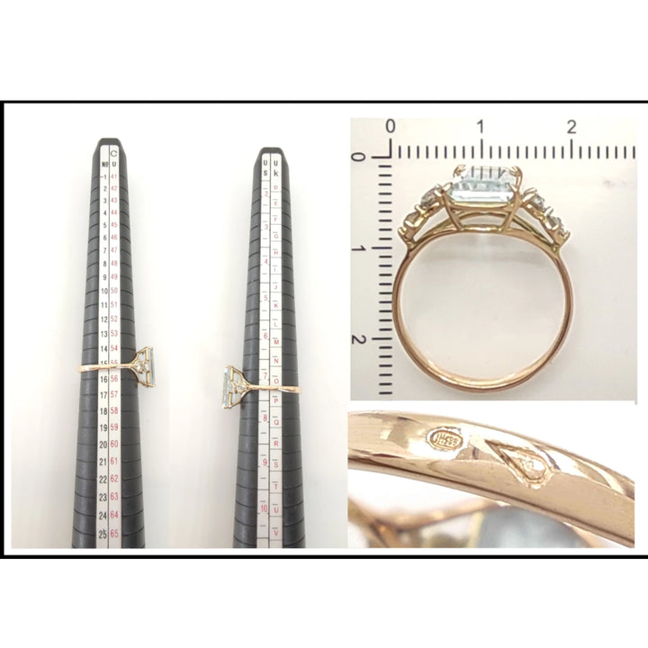 Measurement scale and size chart for a handcrafted engagement ring in 14K yellow gold with a natural aquamarine and diamond detailing