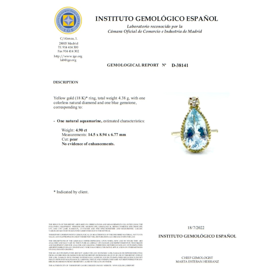 Gemological certificate for a vintage 18K yellow gold ring with a pear-cut aquamarine and diamond