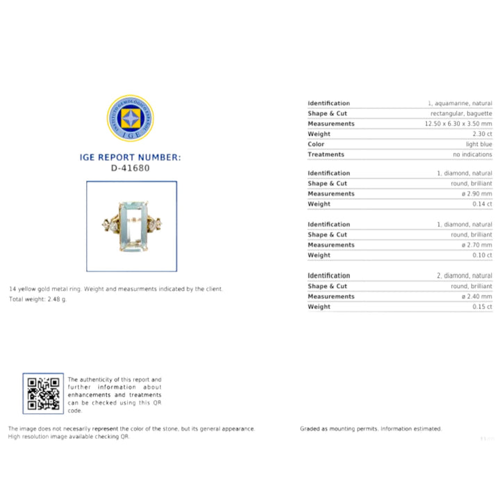 Gemological certificate for a 14K yellow gold engagement ring featuring a natural emerald-cut aquamarine centerpiece and diamond accents