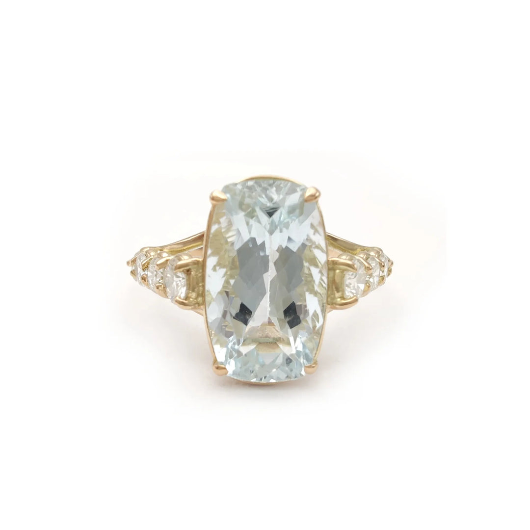 Aquamarine and Diamond 14K Gold Ring - Handcrafted