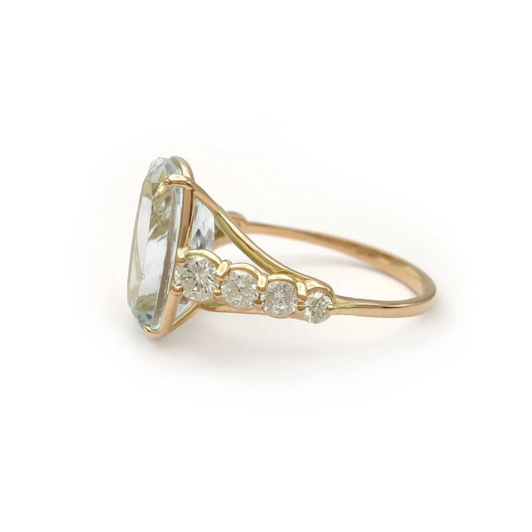 Aquamarine and Diamond 14K Gold Ring - Handcrafted