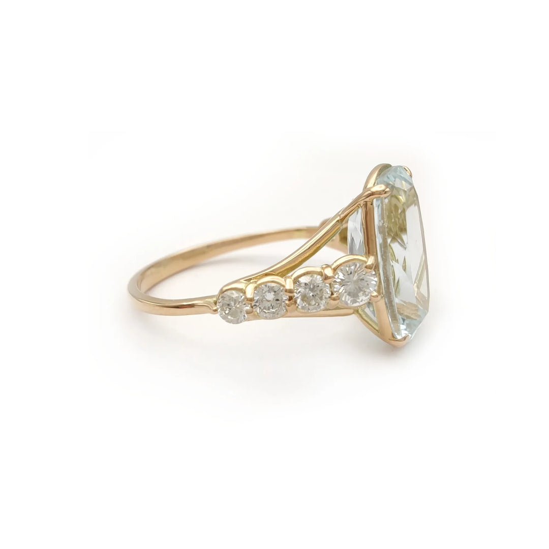 Aquamarine and Diamond 14K Gold Ring - Handcrafted