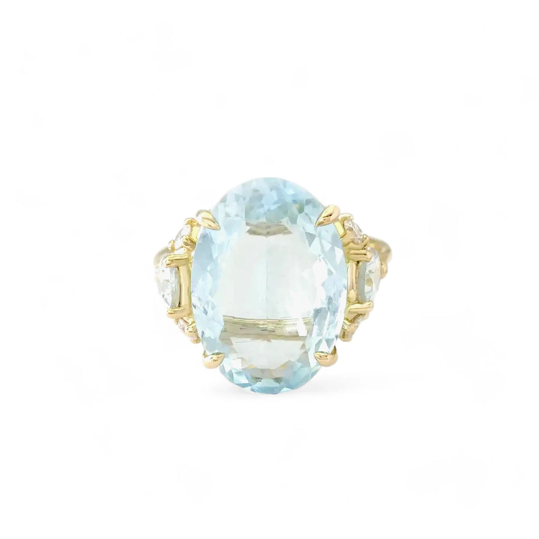 18k solid yellow gold Aquamarine and Diamond Gold Ring for her - Engagement gift