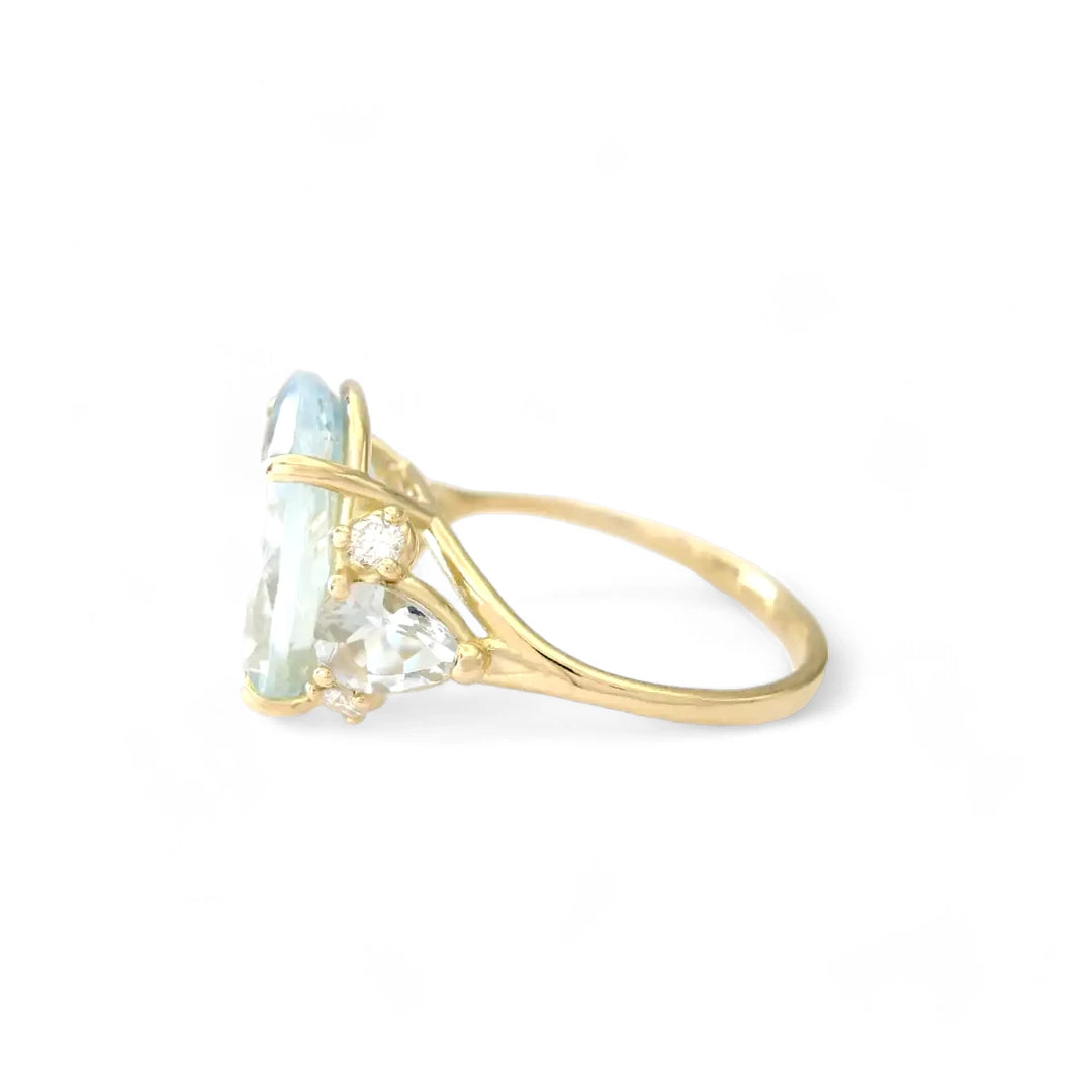 18k solid yellow gold Aquamarine and Diamond Gold Ring for her - Engagement gift