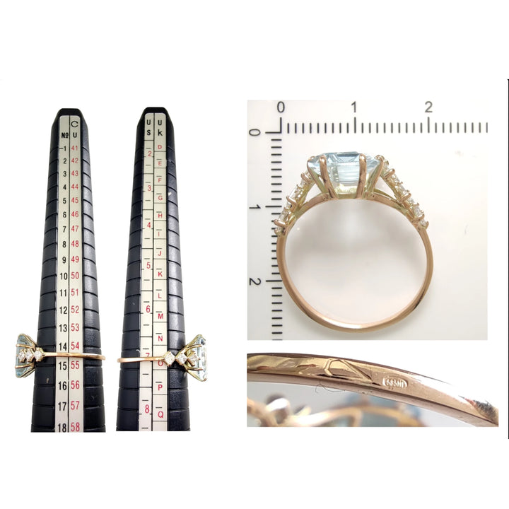 Measurement scale and size chart for a handcrafted 14K yellow gold ring featuring a large aquamarine centerpiece and diamond accen