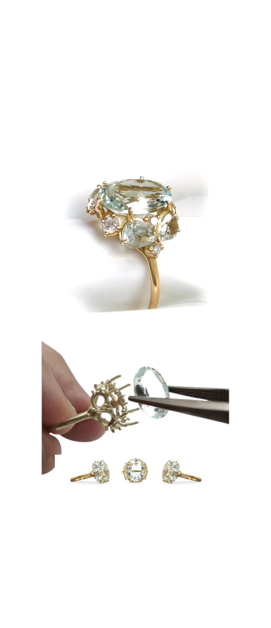 Hand wearing a yellow gold ring with an aquamarine gemstone