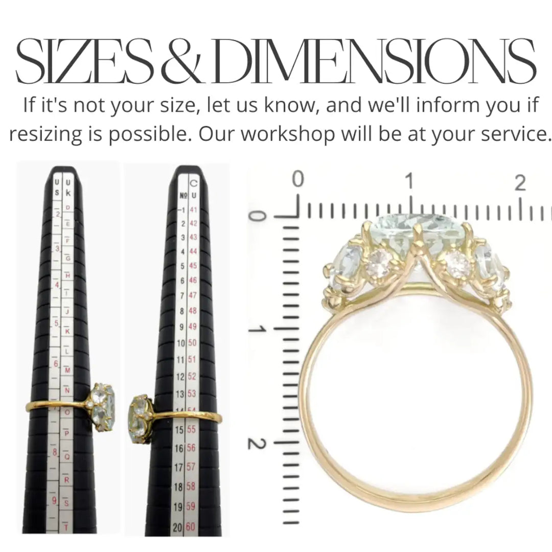 Measurement scale and size chart for an 18K yellow gold engagement ring with a central oval aquamarine and diamonds, ensuring a perfect fit for the special someone.