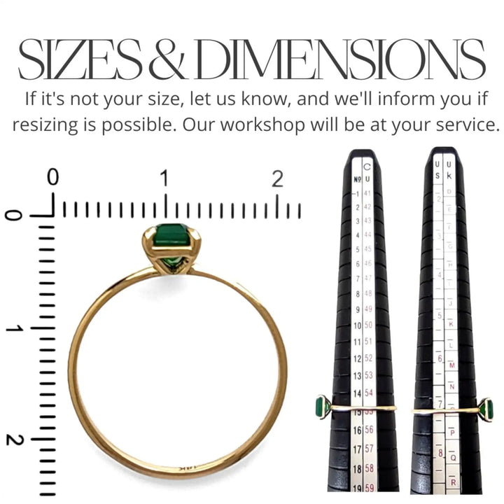 Measurement and size chart for an 18K yellow gold solitaire emerald engagement ring, ensuring the perfect fit and satisfaction for the recipient