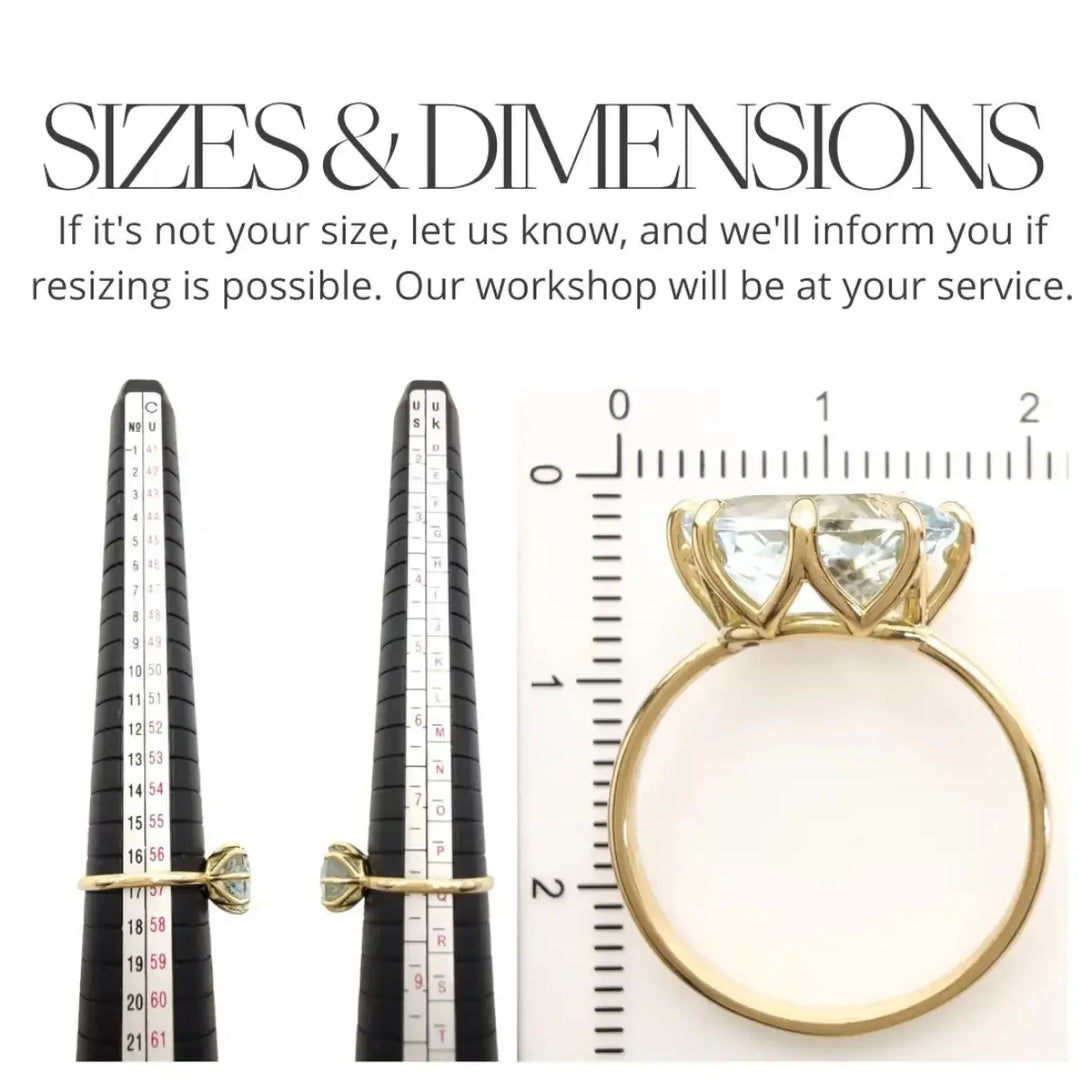 Measurement and size chart for an 18K yellow gold solitaire engagement ring with a central oval aquamarine, ensuring the perfect fit for the special recipient.