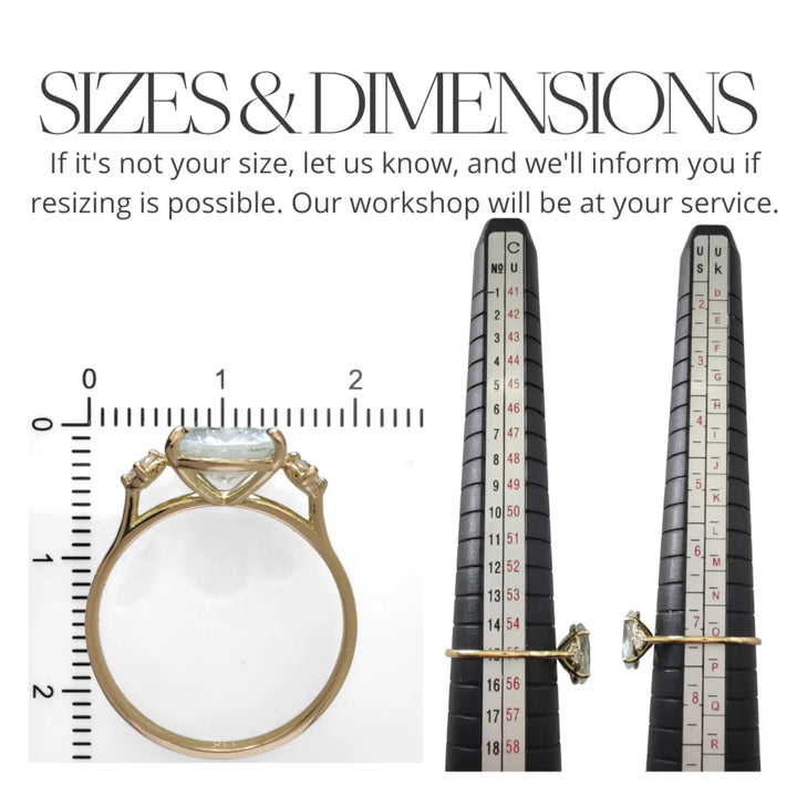 Measurement and size chart for an 18K yellow gold three-stone engagement ring with an oval aquamarine and diamonds, ensuring the perfect fit for the special recipient