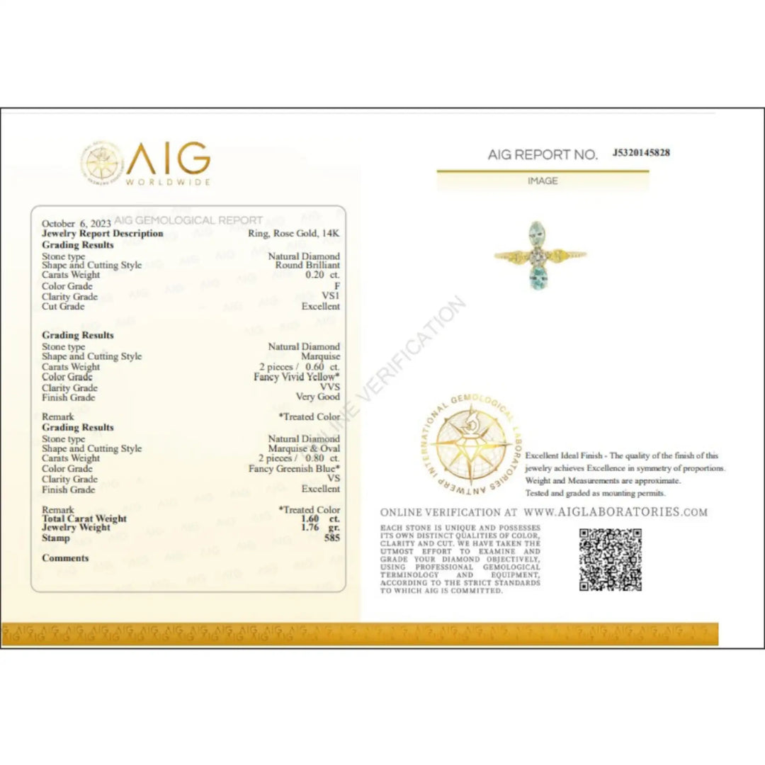 Image of the gemological certificate for a 14K yellow gold engagement ring featuring a central round brilliant diamond and fancy blue and yellow marquise diamonds, certifying the natural and genuine quality of the stones