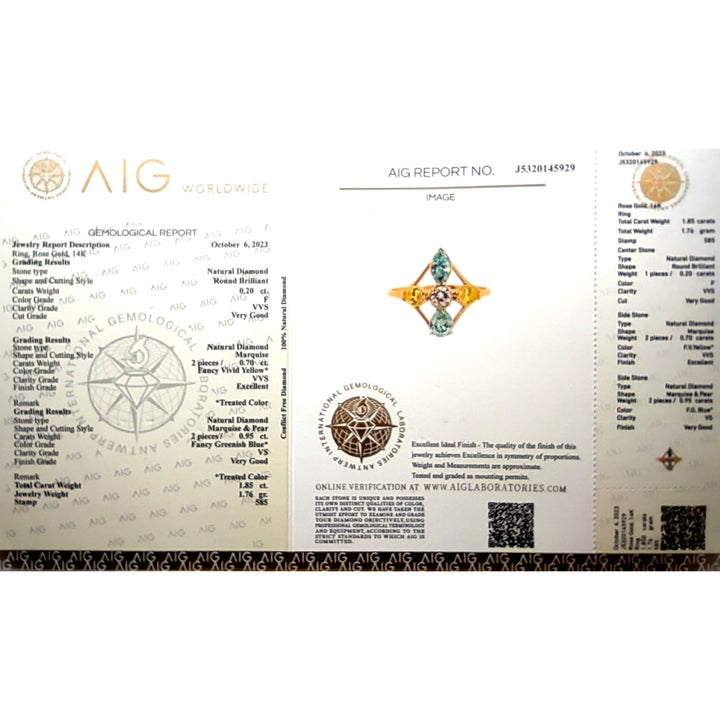 Image of the gemological certificate for a 14K yellow gold engagement ring featuring natural, certified diamonds in brilliant and fancy marquise cuts