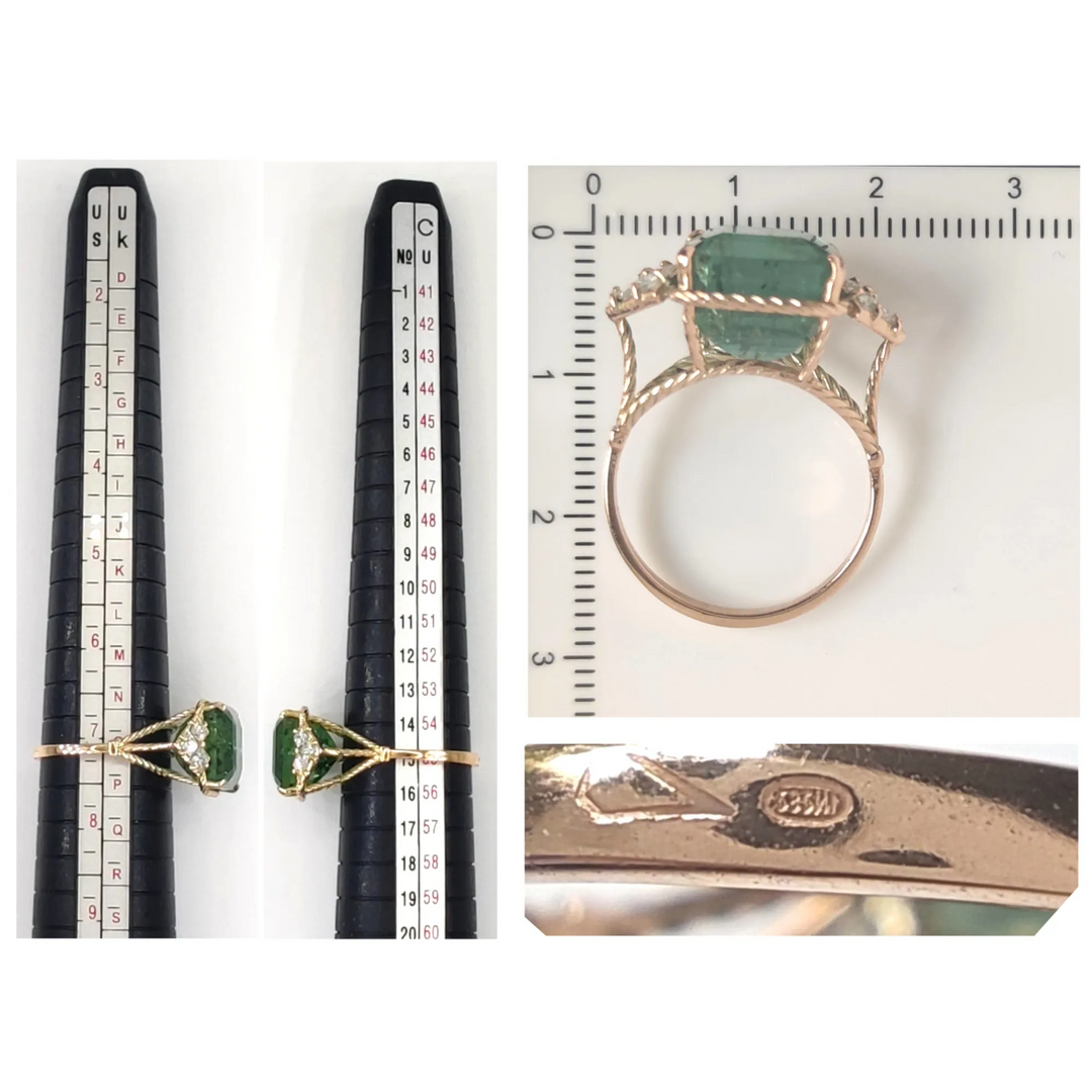 Measurement and size chart for a vintage 14K yellow gold engagement ring with a green tourmaline and princess-cut diamonds, ensuring the perfect fit and satisfaction for the recipient