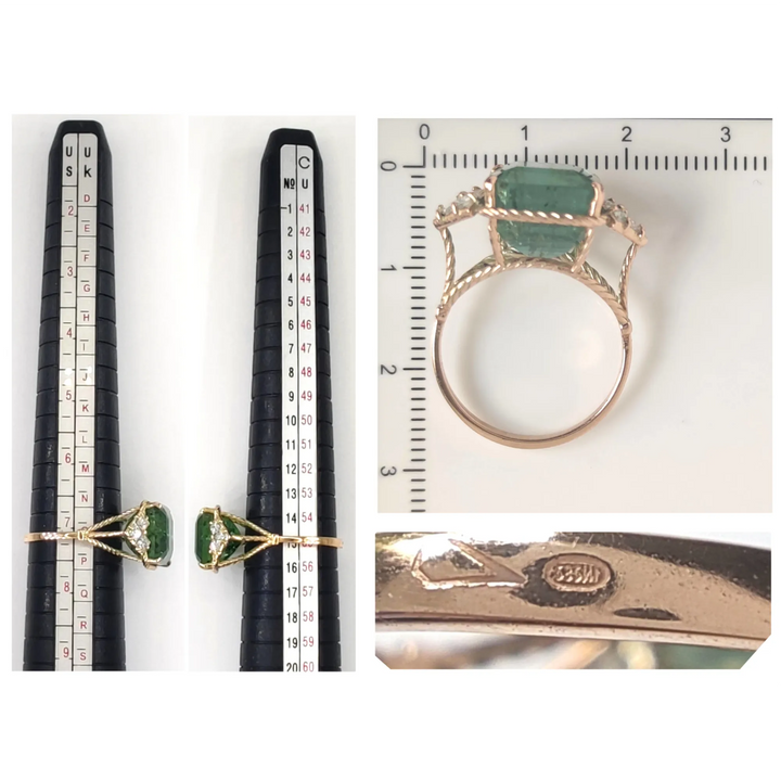 Measurement and size chart for a vintage 14K yellow gold engagement ring with a green tourmaline and princess-cut diamonds, ensuring the perfect fit and satisfaction for the recipient