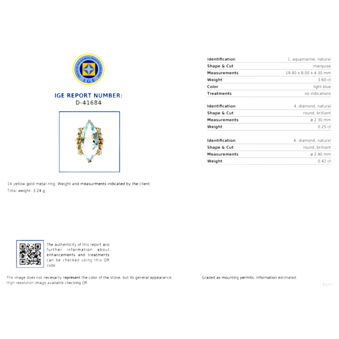 Image of the gemological certificate for a 14K yellow gold engagement ring with a marquise-cut diamond and side diamonds, verifying the authenticity and quality of the gemstones