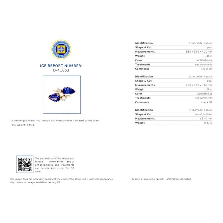 Image of the gemological certificate for a 14K yellow gold engagement ring featuring certified natural genuine pear-cut tanzanite and brilliant diamonds