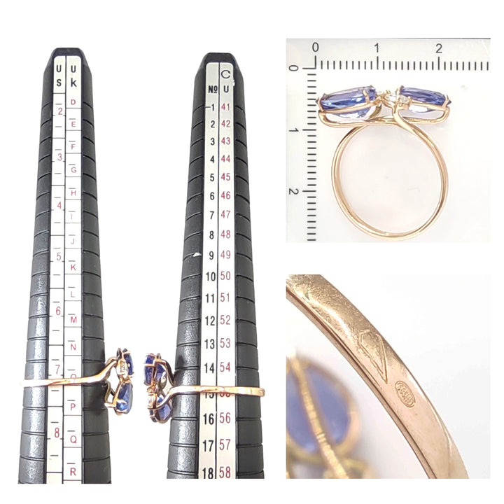 Measurement and size chart for a 14K yellow gold engagement ring with pear-cut tanzanite and brilliant diamonds, ensuring the perfect fit and quality for the special recipient