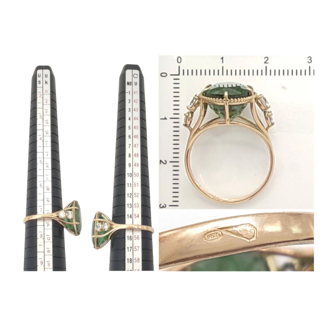 Measurement and size chart for a 14K yellow gold cocktail ring with a central oval green tourmaline and diamonds, ensuring the perfect fit and quality for the recipient