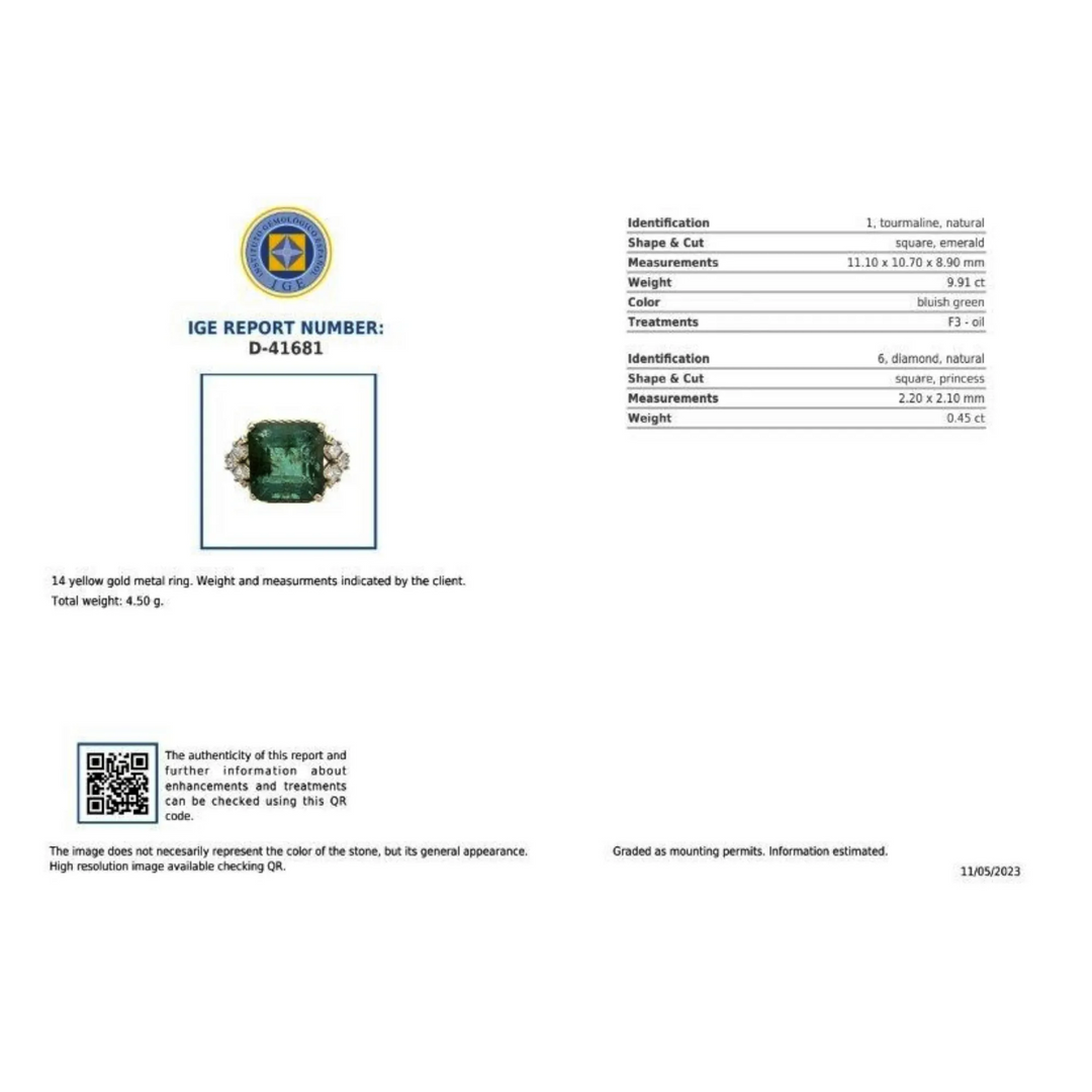 Image of the official gemological certificate for a 14K yellow gold vintage engagement ring with a green tourmaline and diamonds, certifying the natural and genuine quality of the stones