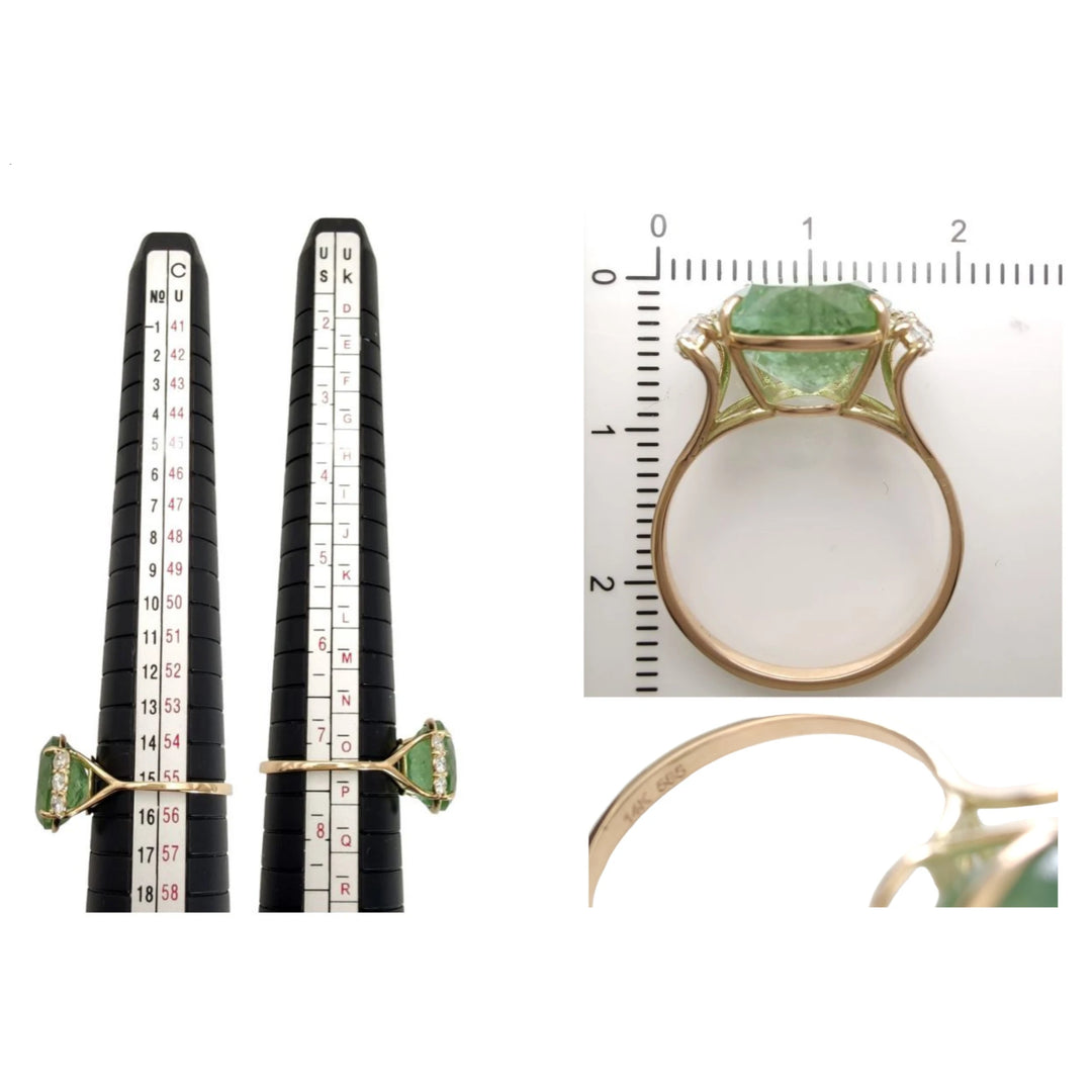 Measurement and size chart for a 14K yellow gold engagement ring with an oval green tourmaline and diamonds, ensuring the perfect fit and quality for the special recipient