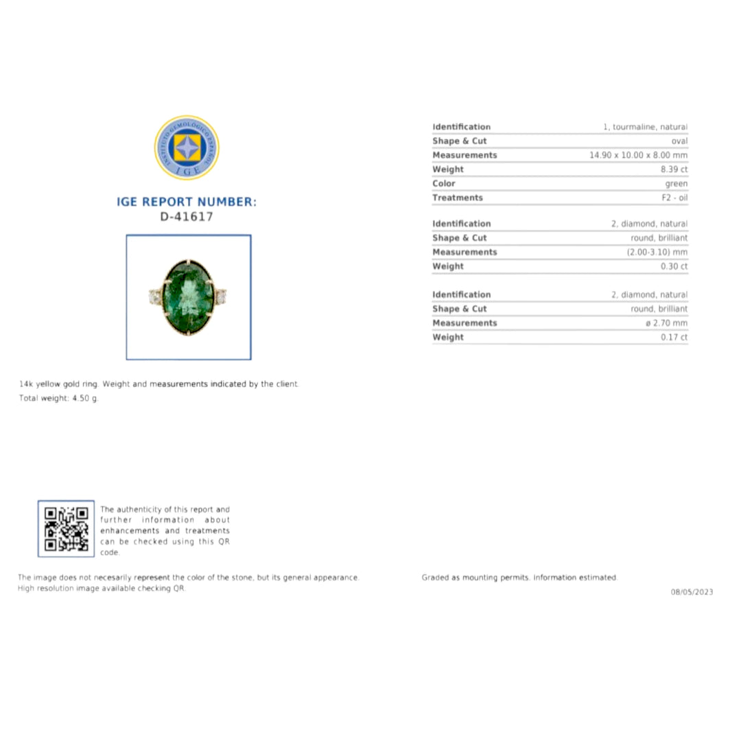 Image of the gemological certificate for a 14K yellow gold cocktail ring featuring a certified oval green tourmaline and diamonds, certifying the natural and genuine quality of the stones