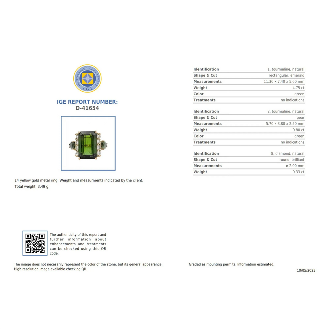 Image of the gemological certificate for a 14K yellow gold ring featuring a certified dark green emerald-cut tourmaline with diamonds, assuring the natural and genuine quality of the stones