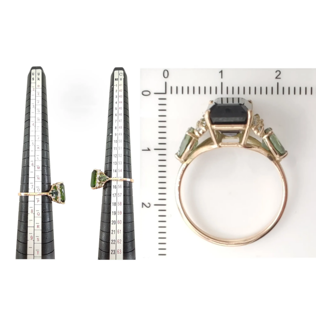 Measurement and size chart for a 14K yellow gold minimalist engagement ring with an emerald-cut tourmaline and diamonds, ensuring a perfect fit for the special recipient.