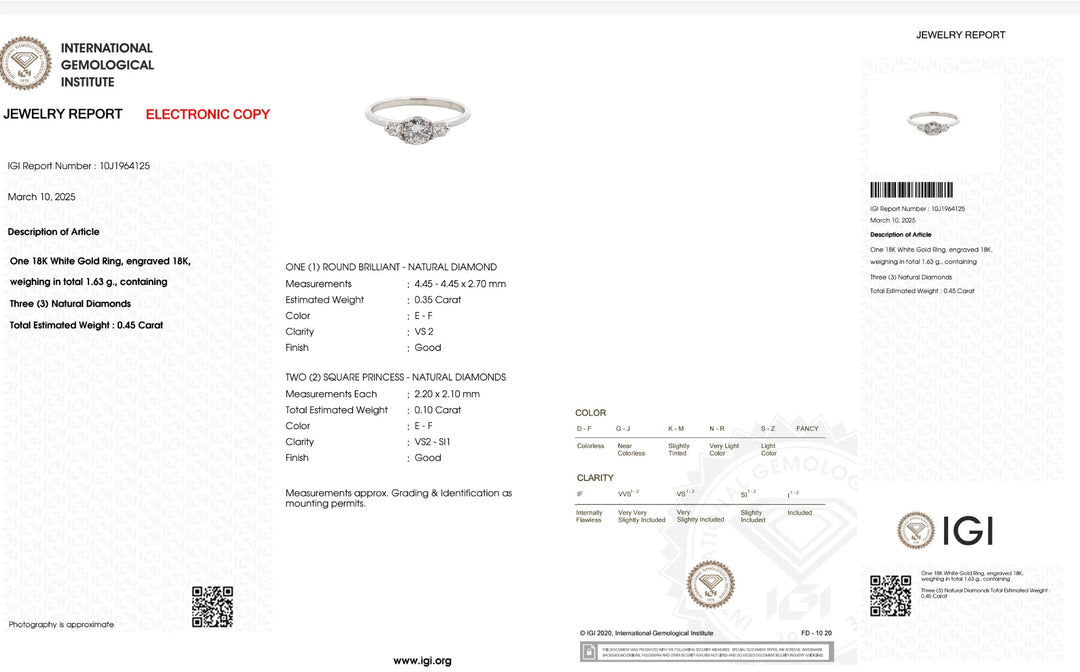 Official certification report from the International Gemological Institute (IGI) verifying the authenticity of this exquisite 18K white gold ring. The report details the quality and specifications of the natural diamonds, ensuring peace of mind for buyers seeking high-quality jewelry