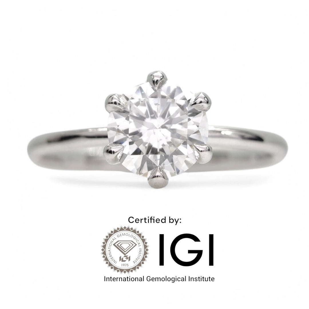 Front-facing studio shot of round brilliant diamond solitaire ring