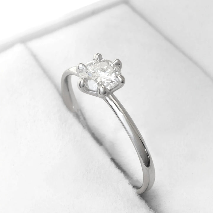 Diamond ring close-up in jewelry box – secure claw setting detail