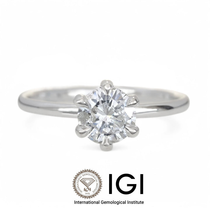 Front view of certified diamond solitaire ring with IGI seal