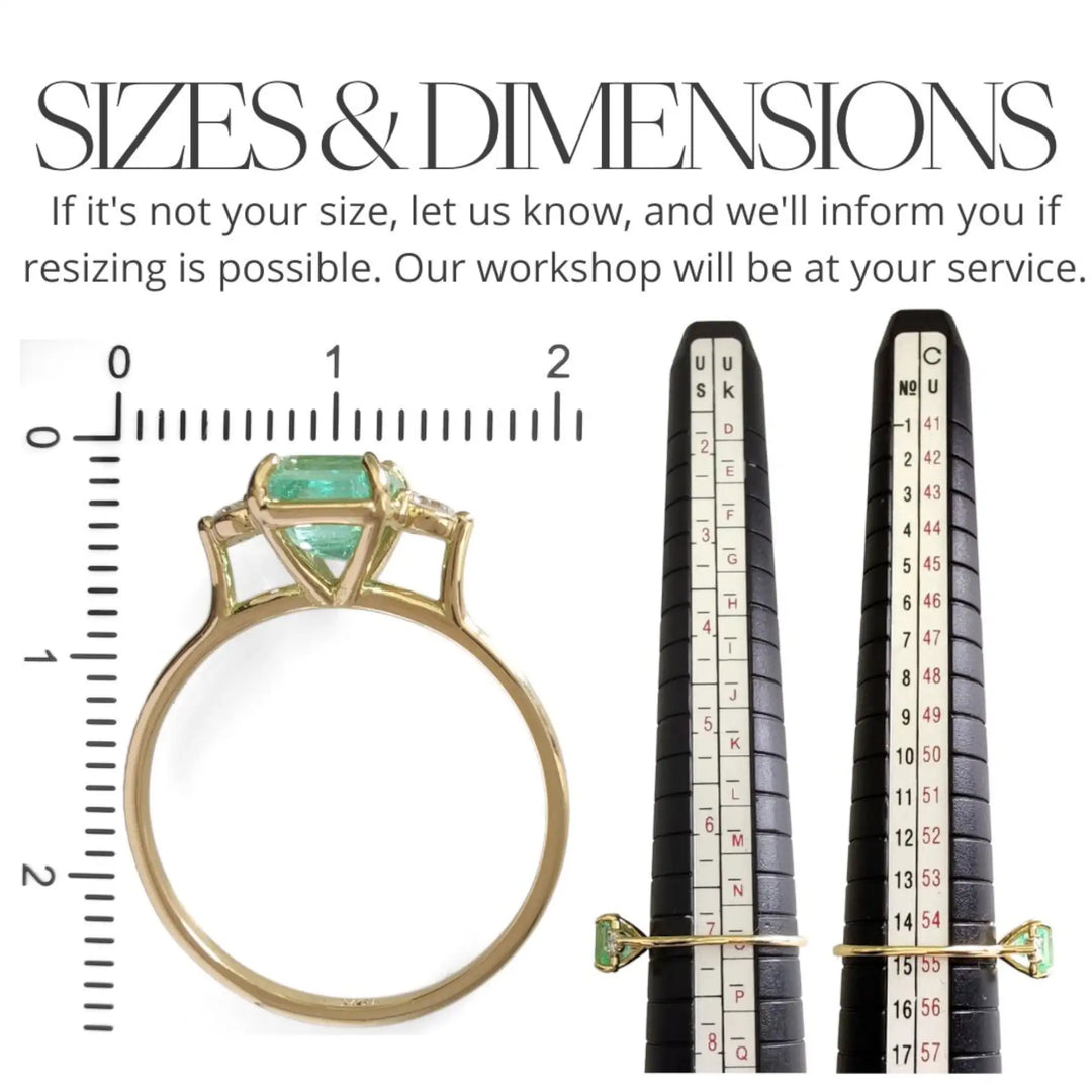 Detailed measurements and size chart for the 18K gold emerald engagement ring. A three-stone design with diamonds, perfect for finding the ideal fit