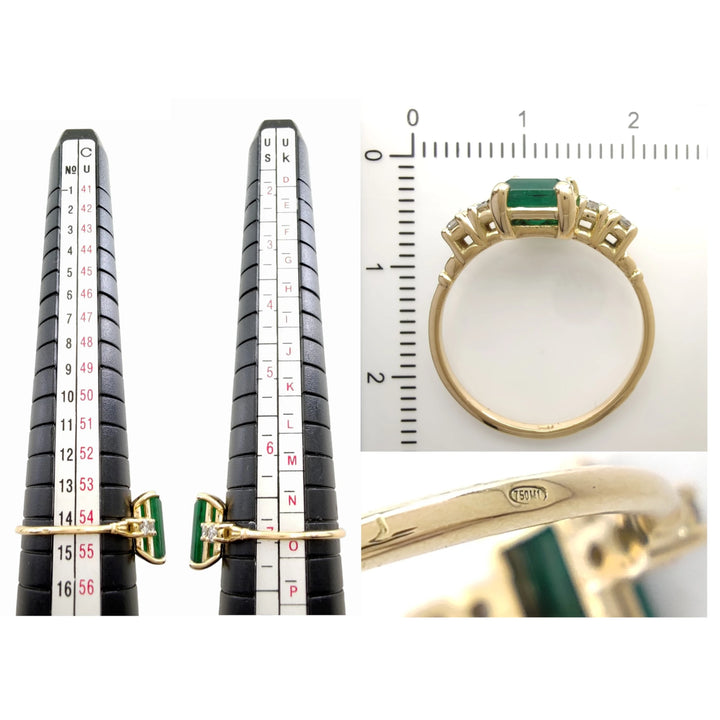 Measurement scale and size chart for a handcrafted 18K yellow gold emerald engagement ring with diamonds, ideal for Black Friday or proposal gifts