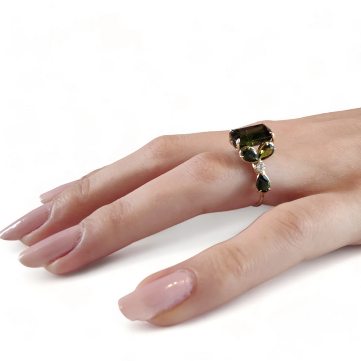 Olive Green Tourmaline Ring - 14K Gold Handmade