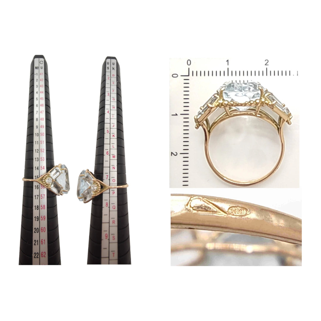 Measurement scale and size chart for a handcrafted vintage-style cocktail ring in 14K yellow gold with aquamarines and diamonds