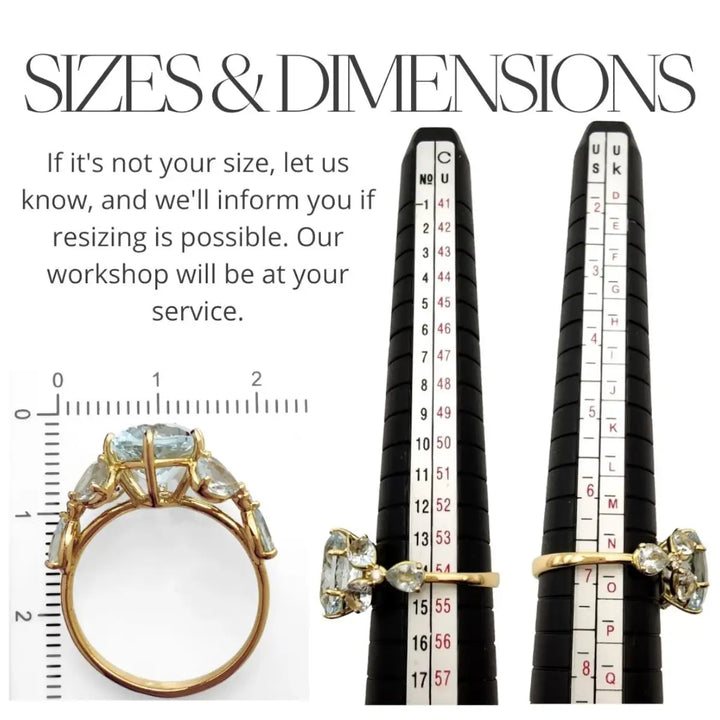 Measurement scale and size chart for a sculptural women’s ring featuring an oval aquamarine, marquise gemstones, and diamond accents