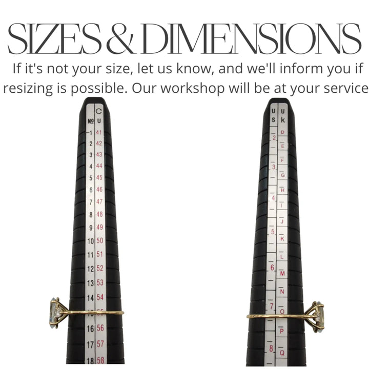 Measurement scale and size chart for a three-stone 18K yellow gold engagement ring with an aquamarine and diamonds