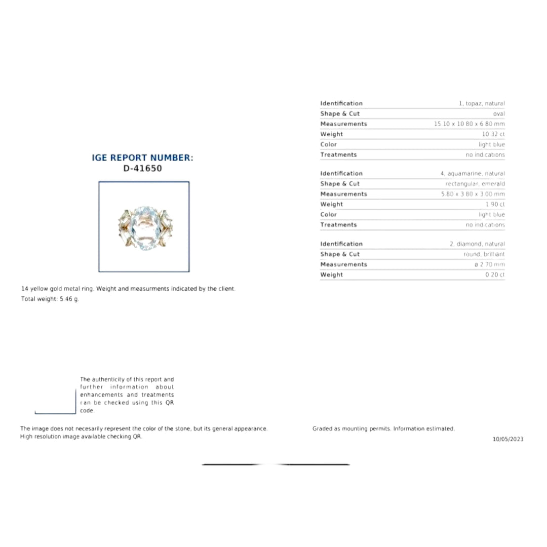 Gemological certificate for a 14K yellow gold cocktail ring featuring an oval aquamarine centerpiece, emerald-cut aquamarines, and diamonds