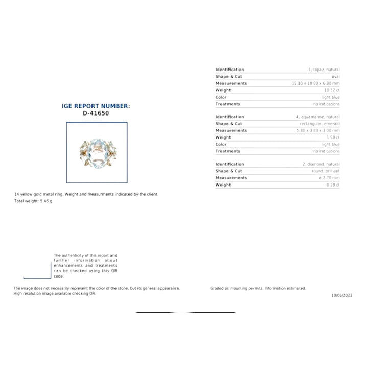 Gemological certificate for a 14K yellow gold cocktail ring featuring an oval aquamarine centerpiece, emerald-cut aquamarines, and diamonds